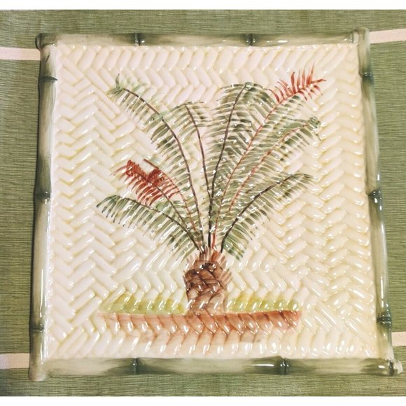 Style Eyes By Baum Bros 12" Palm Tree Square Serving Plate / Platter Bamboo Edge - Picture 1 of 9